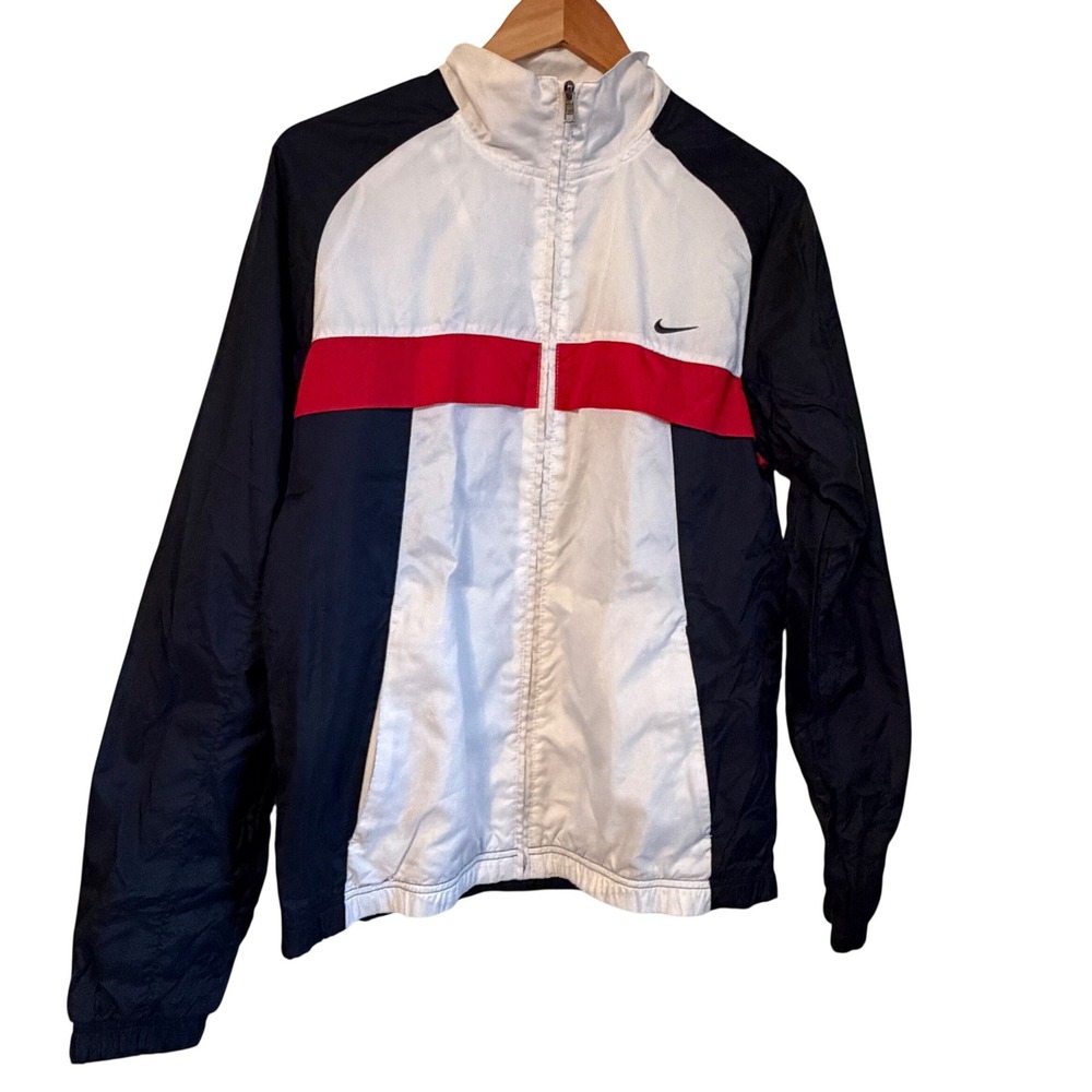 VTG Nike Y2K Windbreaker Jacket White Red Navy‎ Blue Full Zip Athletic Medium